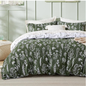 Reversible Dark Green Duvet Cover Set with Zipper Closure