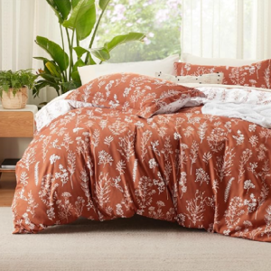 Reversible Floral Duvet Cover Set with Zipper Closure, Terracotta Bedding Set.