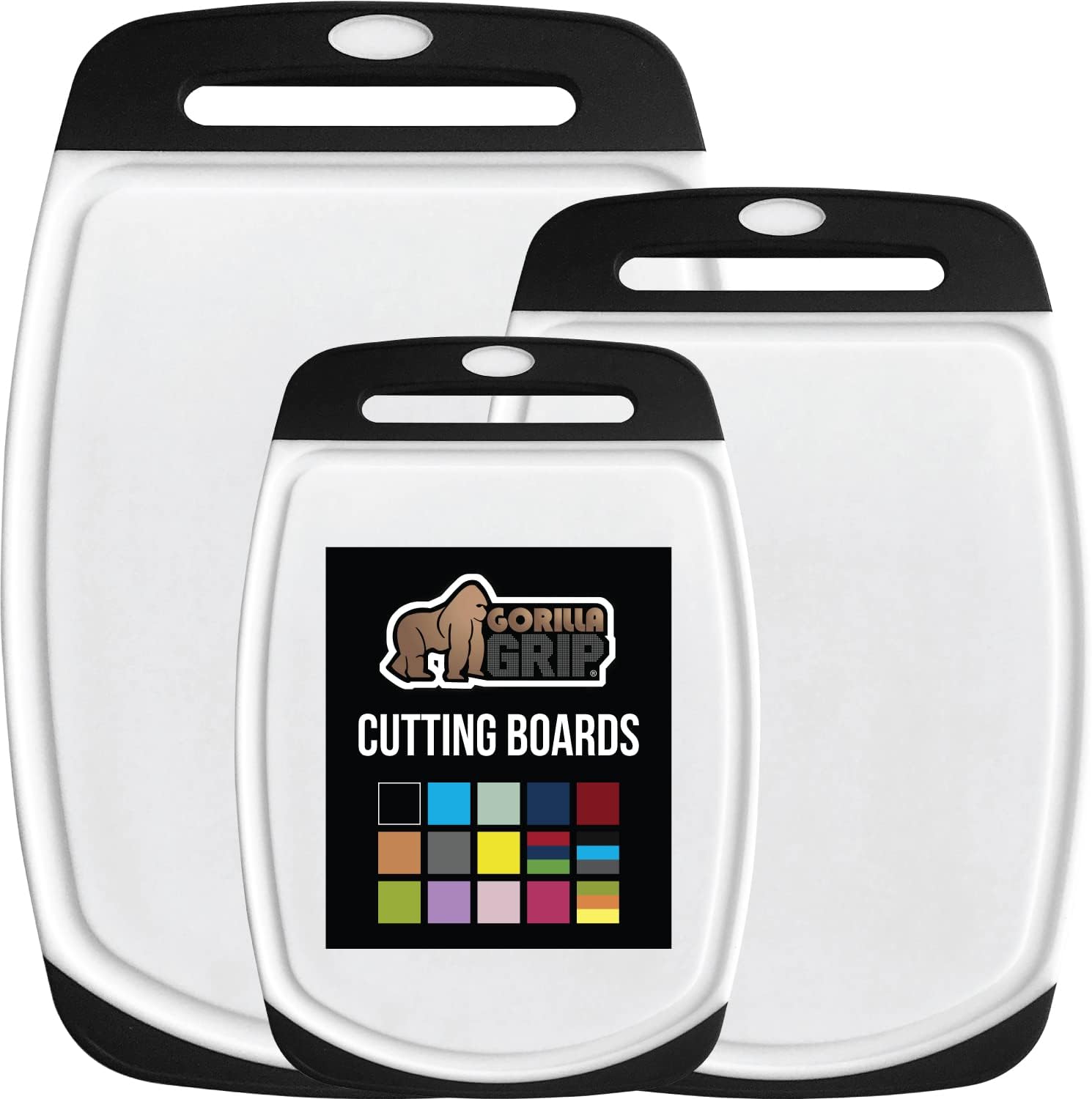 GORILLA GRIP 100% BPA-Free Reversible Kitchen Cutting Board Set of 3, Nonporous, Juice Grooves to Catch Liquid, Slip Resistant Handle Border, Dishwasher Safe, Durable Large Food Chopping Boards, Black